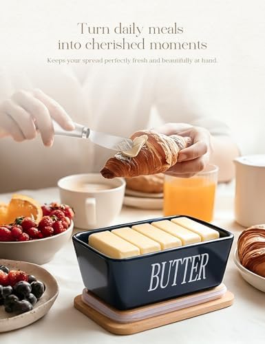Ceramic Butter Dish with Lid and Knife & Silicone Seal for Countertop Blue