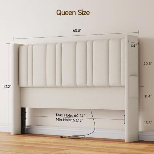 ONBRILL Queen Size Headboard with Storage, LED Light, Off White