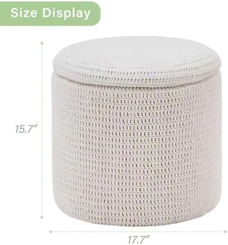 Wimarsbon Pouf Ottoman, 100% Cotton Knitted Boho Footstool, Round Footrest with Non-Skid Wood Legs, Home Décor Handmade Pouffe, Leisure Floor Step Stool for Living Room (18inch White Storage Ottoman)