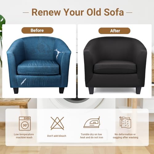 Barrel Chair Covers Slipcover, 2 Piece Black Arm Chair Cover with Chair Cushion Cover, Soft Stretch Club Chair Couch Slipcover with Arms Washable Furniture Protector for Living Room