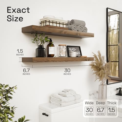 Solid Wood Floating Shelves for Wall 30 Inches Long, Walnut Wooden Shelf