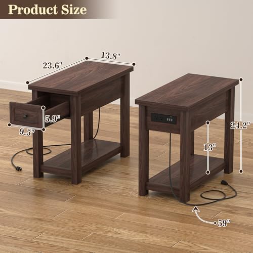 Farmhouse Narrow End Table with Charging Station for Couch, 13.8" Wide