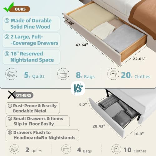 King Size Bed Frame with Storage & Built-in Nightstands & Drawers, Beige