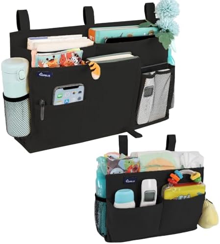 Surblue Bedside Caddy Bunk Bed Storage Organizer Hanging Pockets for College Dorm Rooms, Hospital Beds, Baby Bed Rails, Camping, RV, Small and Large Set, Black