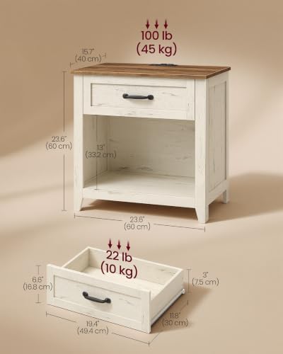 VASAGLE 23.6 inch Farmhouse Nightstands Set 2, Charging Station, 1 Drawer