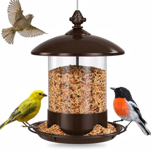 Gbekery Metal Bird Feeders for Outdoors Hanging, 360° Feeding Tray, Brown