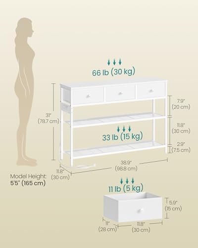 SONGMICS Console Table with Power Outlets and LED Lights, 3 Fabric Drawers