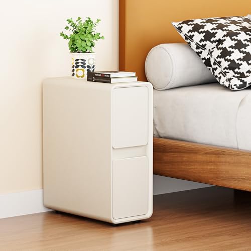 7.8" W Faux Leather Narrow Nightstand, Modern Fully-Assembled Bedside Table with 2 Drawers, Wood Night Stand Small Accent End Table & Side Table for Bedroom, Cream White
