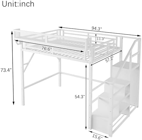 Full Size Metal Loft Bed Frame with Convertible Staircase, Built-in Storage Shelves & Wardrobe, Loft Bed with Solid Slats & Guardrail, No Box Spring Required, Easy Assembly, for Bedroom, White