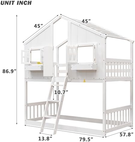 Twin Over Twin House Bunk Bed with Roof and Window, White