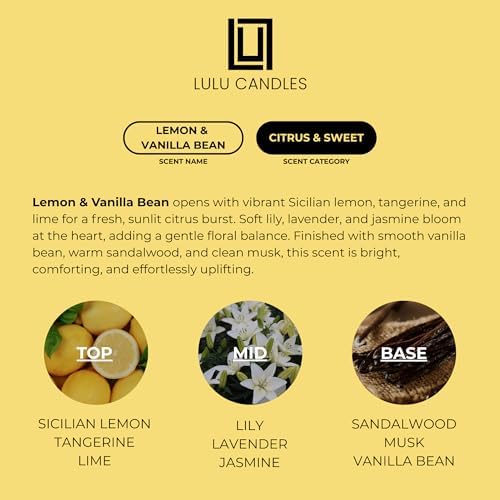 Lulu Candles | Reed Diffuser Set | Lemon & Vanilla Bean | 6 Reed Sticks | Scent Diffuser for Bedroom Bathroom Living Room & Office (4.2 FL Oz.)