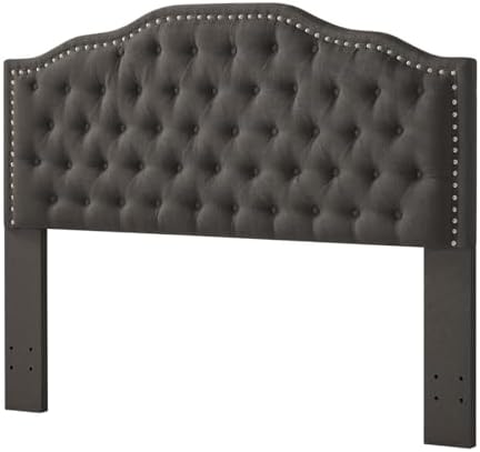 24KF Upholstered Button Tufted Queen Headboard with Nailhead Trim, Elegant Boucle Fabric Full headboard, 6031-Q-Boucle-Dark Gray