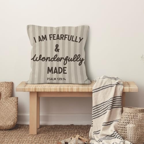 Christian Nursery Throw Pillow Cover 18x18, Bible Verse I Am Fearfully and Wonderfully Decorative Pillow Covers for Kids Nursery Room Bedroom Playroom, Religious Accent Pillows Cover Pillowcases