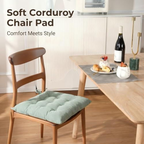 HLOVME Corduroy Chair Cushion with Ties Ultra Soft Warm Floor Cushion for Kids Reading Nook Comfortable Square Seat Cushion for Adult 15.7”x15.7” Set of 2, Green