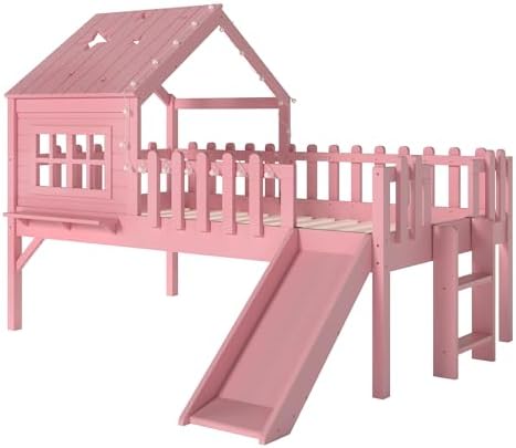 Bellemave Twin Loft Bed with Slide and Ladders, Solid Wood Low Loft Bed with Tray, Lights, Playhouse Roof, House Loftbed Frame for Kids, Boys, Girls, Childlike and No Box Spring Needed Design, Pink