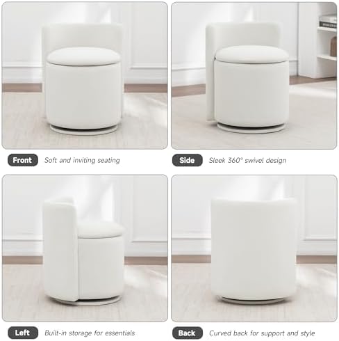 MINCETA Vanity Chair with Storage, 360° Swivel Accent Chair, White