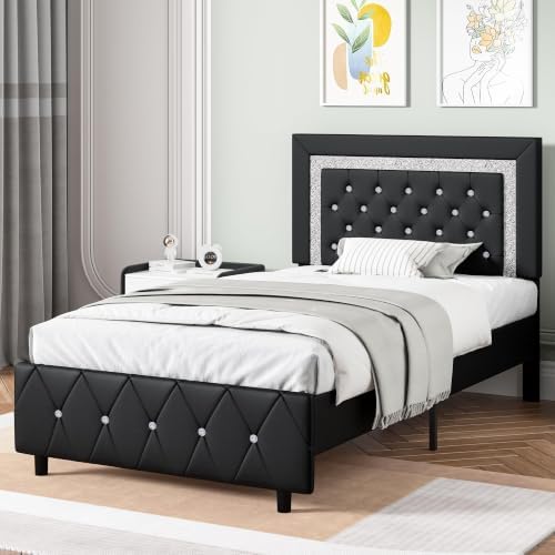 Twin Bed Frame with Headboard, Upholstered Bed with Diamond Tufted Design