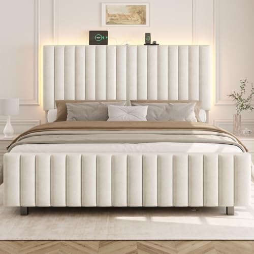 50" Tall Full Size Bed Frame with Adjustable Headboard, Upholstered Platform Full Bed Frame with Charging Station & LED Lights, Modern Luxury Velvet Tufted Bed, No Box Spring Needed, Beige