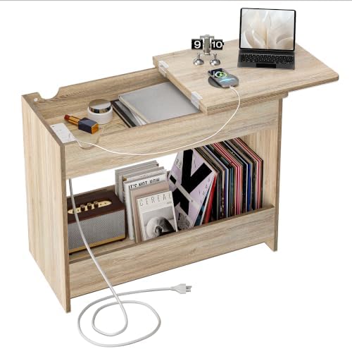 TIQLAB Flip Top End Table with Hidden Charging Station, 23 inch Side Table with Rounded Corner Design, Narrow Nightstand with Wood Shelf, Bedside Table for Living Room Bedroom, Maple