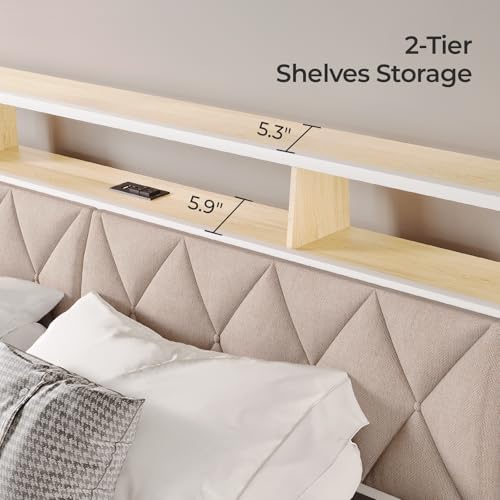 Headboard Queen Size with Storage, Charging Station & Lights, White & Beige