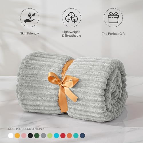 BEDELITE 3D Ribbed Light Grey Fleece Throw Blanket for Couch, 50x60 Inch