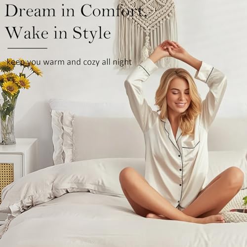 Bedorm Beige Duvet Cover Set Twin Ruffle Bedding Set Pleat Ruffled Shabby Chic Comforter Cover Extra Soft & Easy Care White Boho Duvet Cover with Zipper Closure