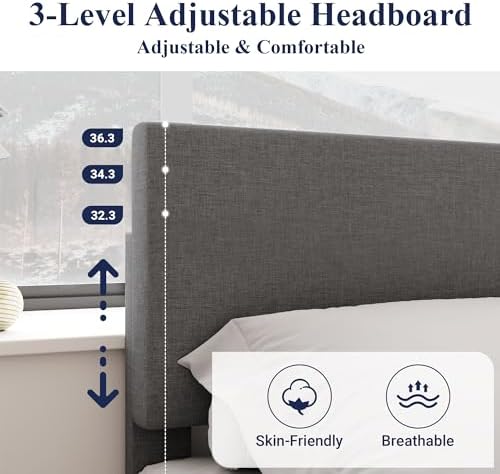 Allewie Full Size Upholstered Bed Frame Adjustable Headboard, Dark Grey