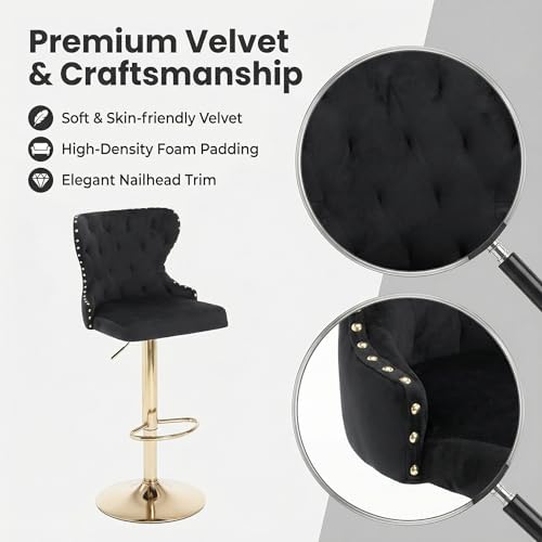 Set of 2 Adjustable Swivel Bar Stools, Velvet Upholstered Counter Height Chairs with Nailhead Trim, Gold Footrest, and High Back for Kitchen Island, Home Bar, Dining Room, Cafe,Black