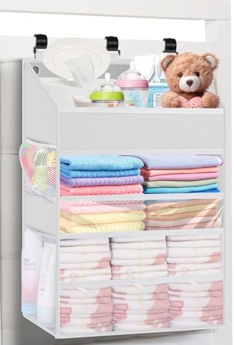 Hanging Diaper Caddy Organizer Crib Organizer–Spacious Baby Girl/Boy Nursery Organizer for Changing Table, Playpen/Wall- Hold 90+ Diaper (White)