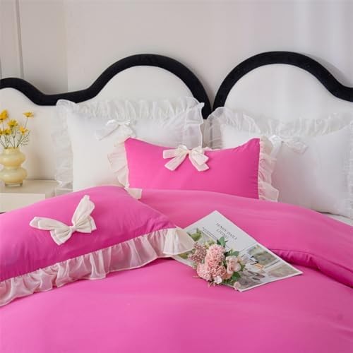 IHOUSTRIY Duvet Cover Queen Size, Ruffle Beddding Set with Bowtie, 3 Pieces Comforter Cover Set with Zipper Closure, Girl Princess Bedding with Pillowcase - Pink, Queen