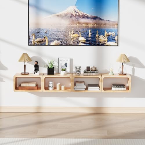 Bamboo Floating Nightstand with Storage Drawer and Modern Open Shelf Cubby，Bedroom, Living Room, Kitchen, Tool Room for use.
