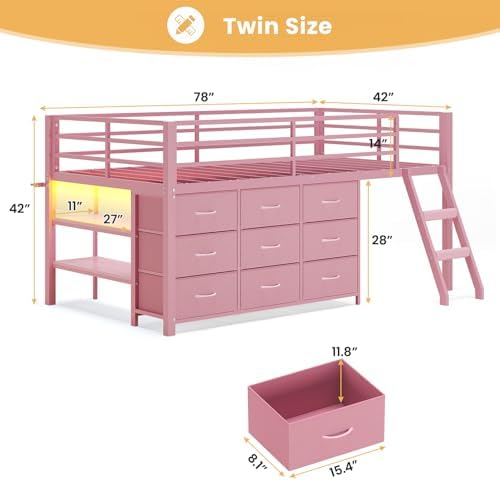 Low Loft Bed Twin Size with 9 Storage Drawers, LED Lights Loft Bed