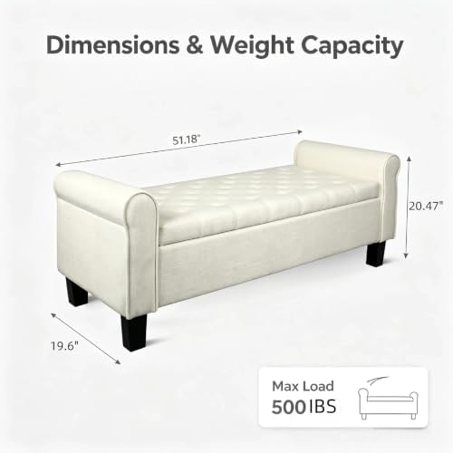 51 Inch White Linen Storage Ottoman Bench with Rolled Armrests