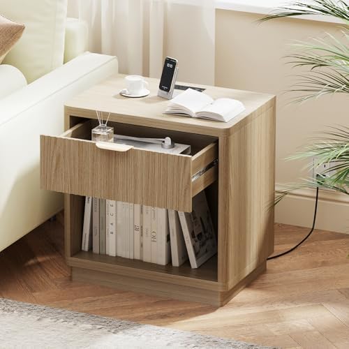 Fluted Nightstand Set of 2 with Charging Station,Drawer&Open Shelf,Natural