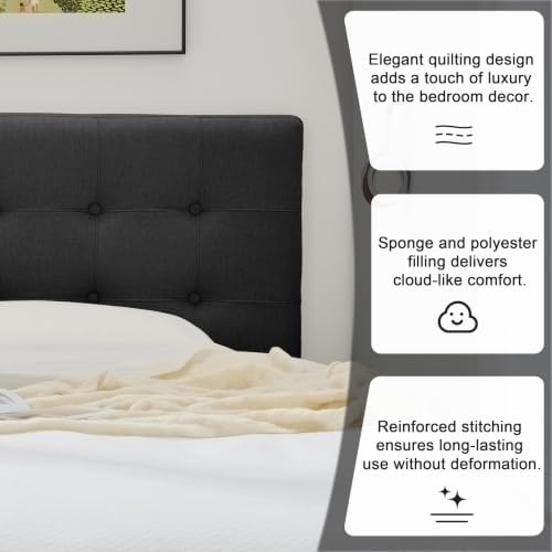 Linen Tufted Headboard Twin Size, Solid Wood Twin Headboard Only, Black