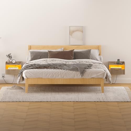 Veegle White Floating Nightstand with Charging Station and LED Lights (Grey)