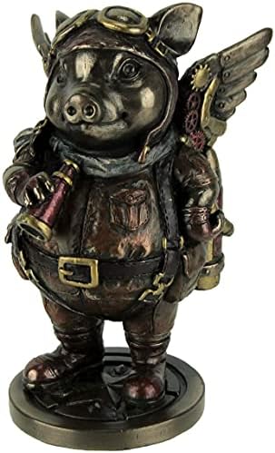 Veronese Design 5 1/4" Steampunk Aviator Flying Pig Resin Figurine Bronze Finish
