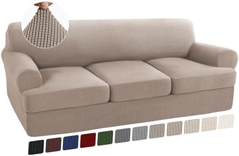 Turquoize 4 Piece T Cushion Sofa Slipcovers Stretch Couch Cover Furniture Covers with 3 Individual T Cushion Covers, Machine Washable (3 Cushion Sofa, Sand)