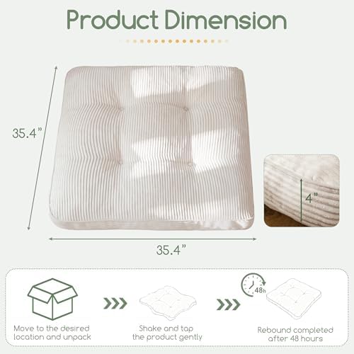 HIGOGOGO 35" Floor Pillow Cushion for Adults, Meditation Cushion Pillow, Extra Large Square Floor Sitting, Tufted Corduroy Cover for Tatami Living Room or Yoga, Beige