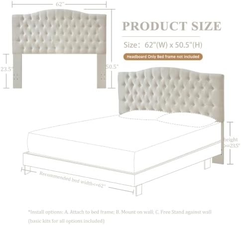 Furpopup Linen Queen Size Headboard Only, Upholstered Wall Mount, Ivory