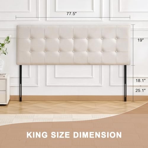 Linen Tufted Headboard King Size, Solid Wood King Headboard Only, Beige