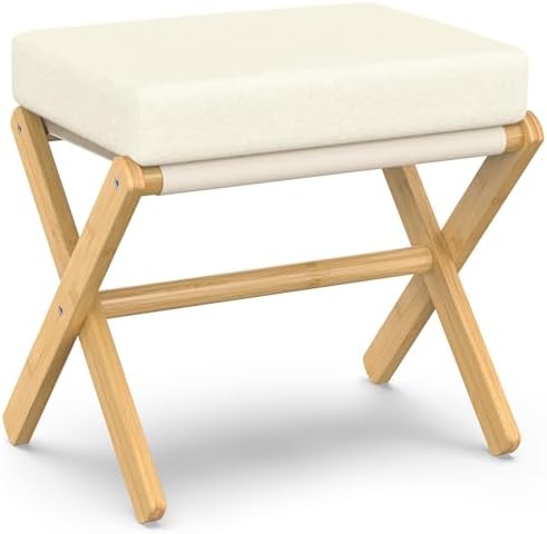 BAMBOOHOMIE Foldable Foot Stool Ottoman, Modern Foot Rest with Bamboo X Legs & Thick Foam Cushion, Folding Foot Stools Small Padded for Bedroom Living Room, Footstool for Chair Couch (Natural - Beige)