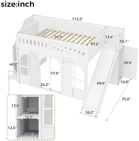 SOFTSEA Full Size Loft Bed with Storage Stairs and Slide for Kids, Playhouse Loft Bed Frame with Windows and Doors, Large Under Bed Space, White