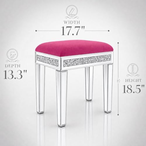 Vanity Stool with Storage Mirrored Legs, Velvet Cushioned Ottoman, Hidden Compartment, Sparkling Diamond Trim, Glam Makeup Chair & Piano Bench (Hot Pink)