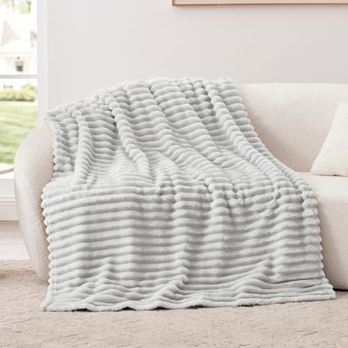 EXQ Home Stripe Jacquard Throw Blanket Light Grey for Couch Gentle Soft
