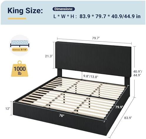 Allewie King Bed Frame, Adjustable Corduroy Headboard, Platform, Black