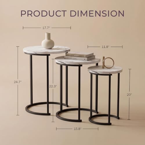 Lavish Home Round Nesting Tables Set of 3, Faux Marble Tabletop, White