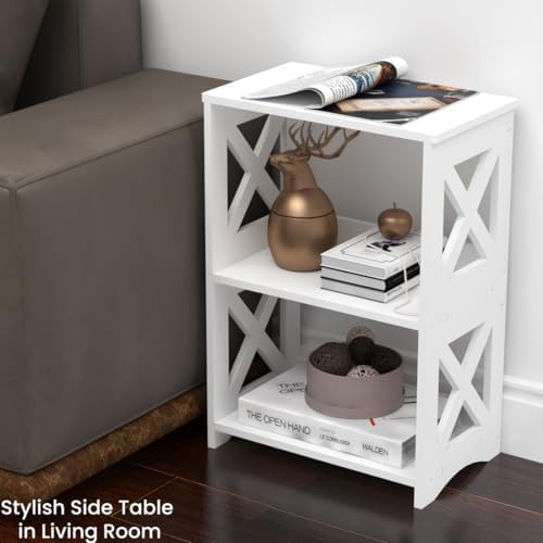 3-Tiers Narrow Side Table, Slim Nightstand Bedside Table, Small Bookshelf