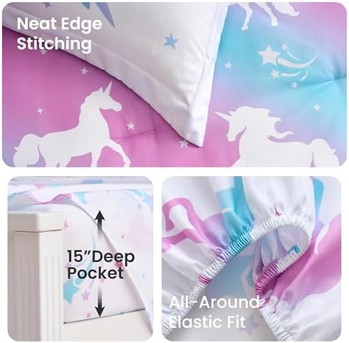 Joiedomi Kids Comforter Set Bedding Set for Boys Girls Super Soft Microfiber Bed in a Bag with Comforter Sheets Pillowcase Sham, Purple Unicorn, Full