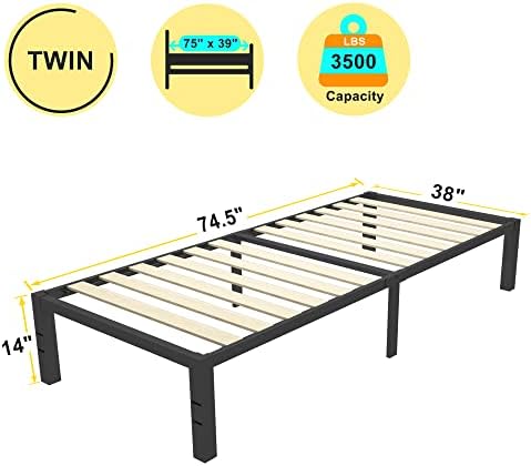 14 Inch Twin Size Bed Frame with Wood Slats & 4 Mattress Baffles